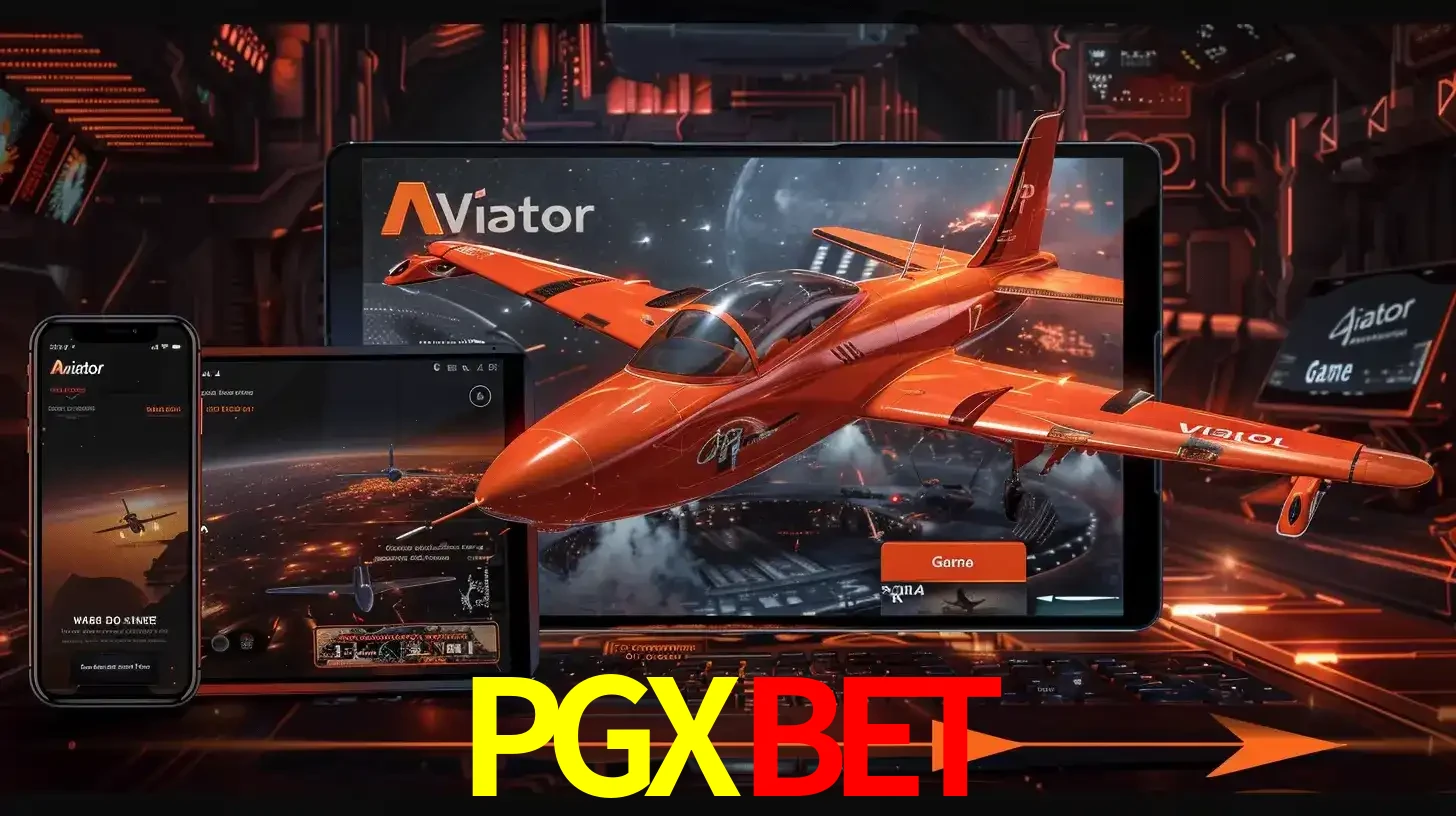 Apresentação tecnológica do jogo Aviator com um avião saindo da tela de um tablet, demonstrando a experiência imersiva em múltiplos dispositivos no PGXBET.