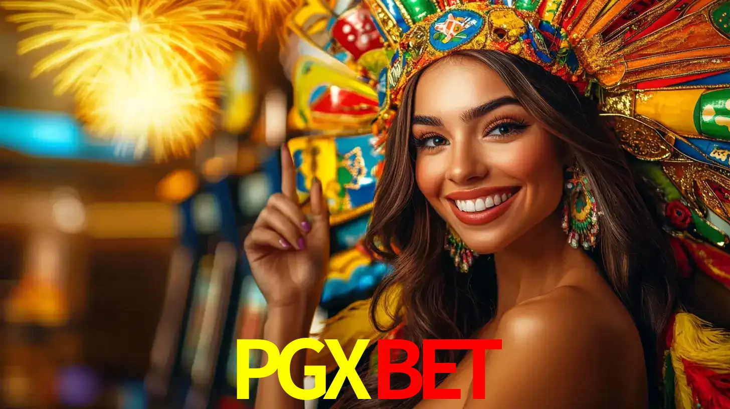 Mulher sorridente com um cocar de carnaval vibrante e colorido, celebrando uma grande vitória nos jogos do cassino PGXBET com fogos de artifício ao fundo.