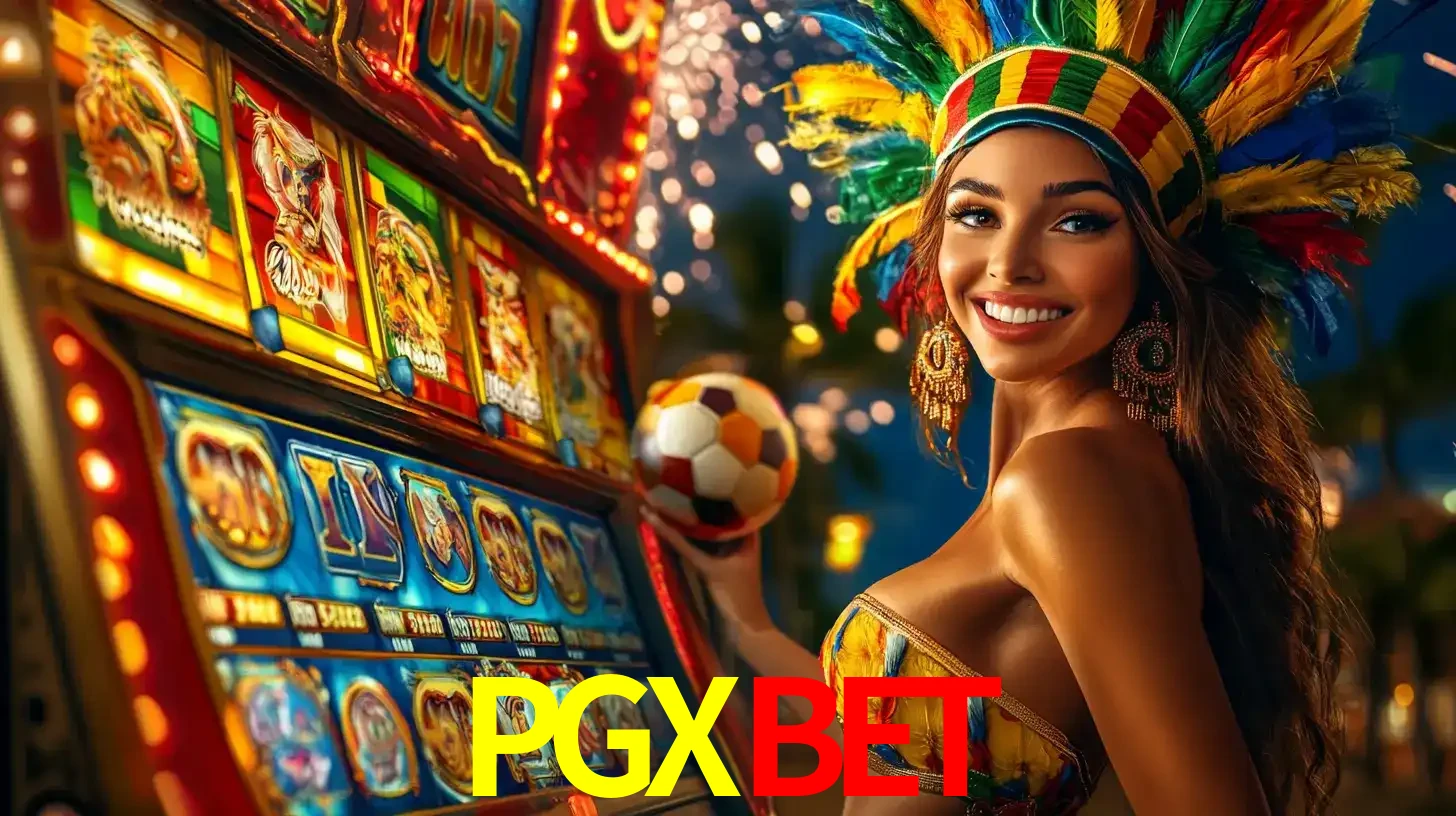 Mulher com um cocar de carnaval ao lado de uma máquina de caça-níqueis enquanto segura uma bola de futebol, mostrando a união da diversão de cassino e esportes no PGXBET.