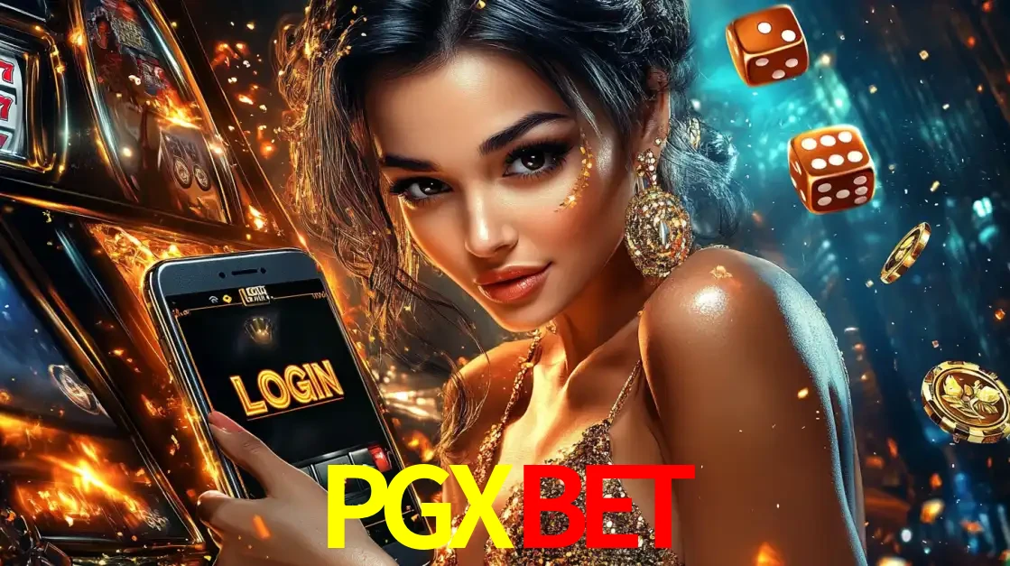 Mulher glamourosa segurando um celular com a tela de login do cassino PGXBET, rodeada por dados e moedas douradas, pronta para começar a diversão.