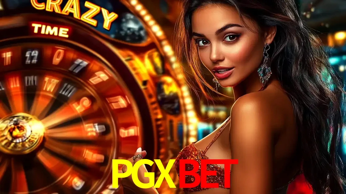 Mulher ao lado da roda de prêmios do jogo de cassino ao vivo Crazy Time, um dos shows de jogos mais emocionantes oferecidos pela plataforma de apostas PGXBET.