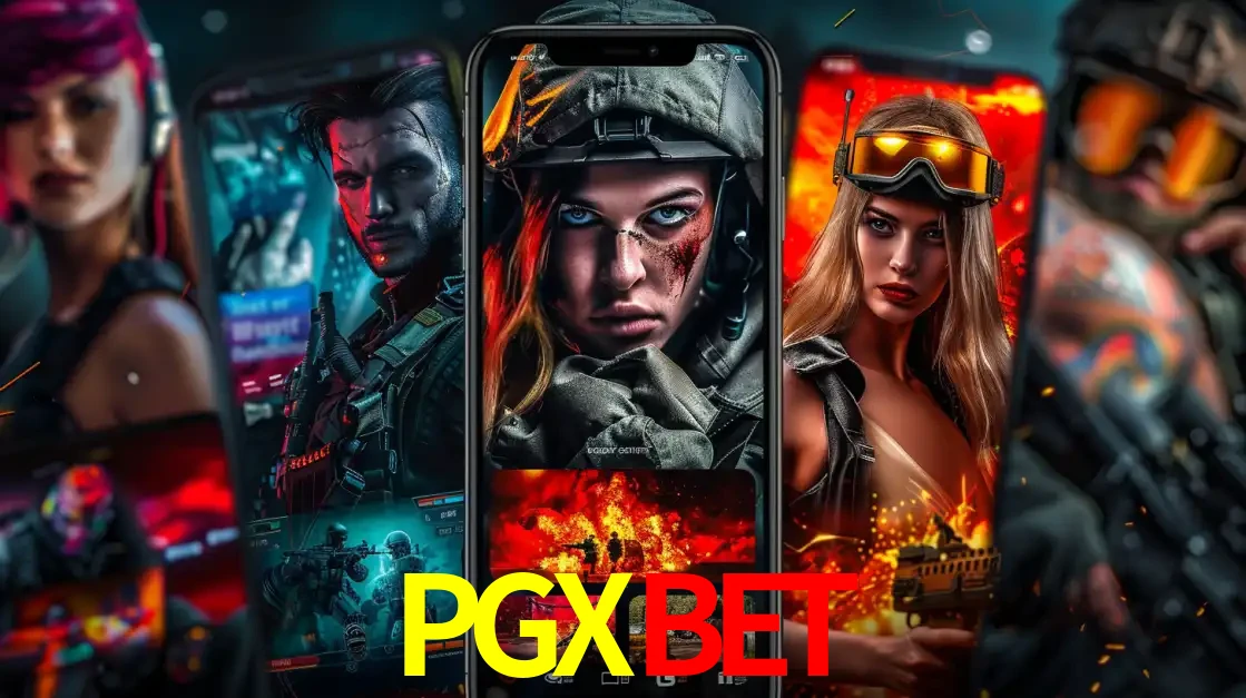 Montagem de telas de celular mostrando diversos personagens, masculinos e femininos, de um jogo de tiro, ilustrando a diversidade de equipes de e-sports para apostar no PGXBET.