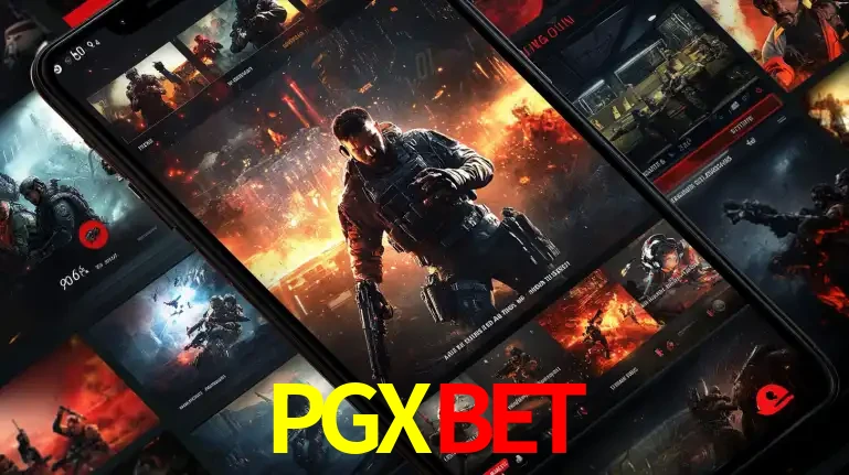Tela de um celular exibindo uma galeria de jogos de tiro com temática militar, mostrando a variedade de e-sports disponíveis para apostas na plataforma de entretenimento PGXBET.