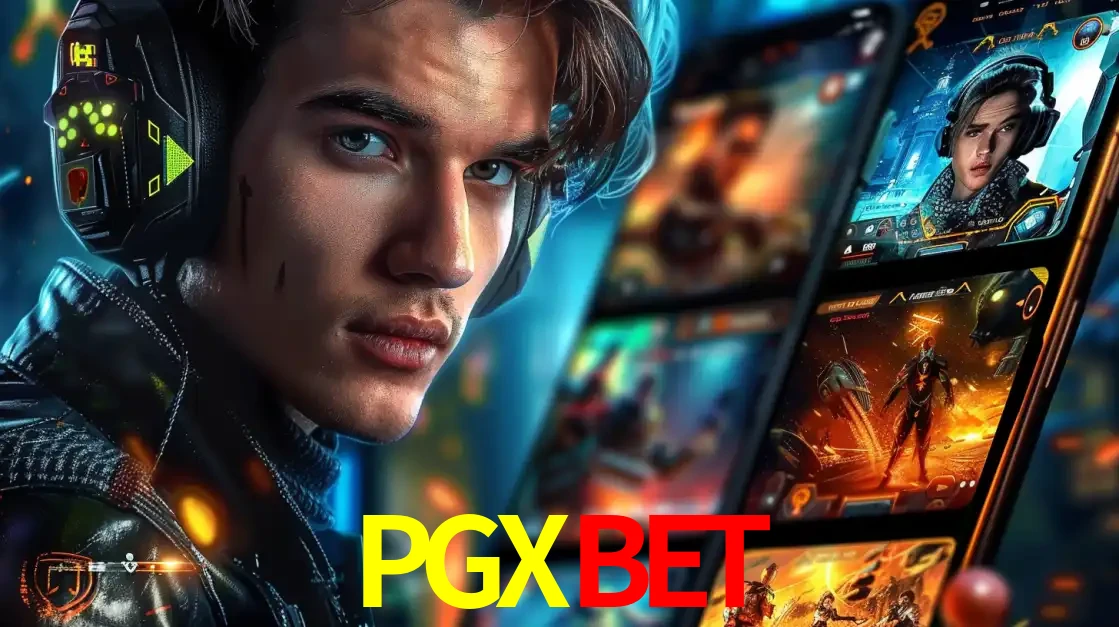 Jovem jogador com fones de ouvido olhando para a câmera, com um aplicativo de jogos e e-sports para celular ao fundo, pronto para a competição e apostas no PGXBET.