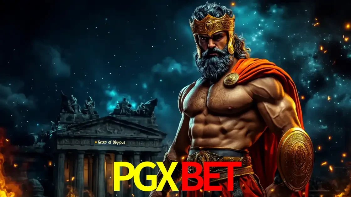 O poderoso Zeus do jogo de slot Gates of Olympus em frente ao seu templo, pronto para lançar multiplicadores divinos e prêmios épicos no cassino online PGXBET.