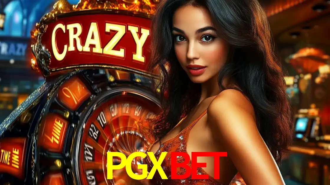 Mulher glamourosa olhando para a câmera com a roda vermelha do Crazy Time ao fundo em um ambiente de cassino, destacando a emoção dos jogos ao vivo no PGXBET.