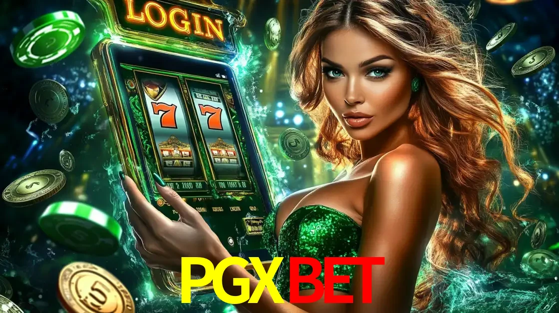 Mulher com tema verde apresentando o aplicativo do cassino PGXBET com um jogo de slot de 777, cercada por fichas de cassino e uma aura de sorte.