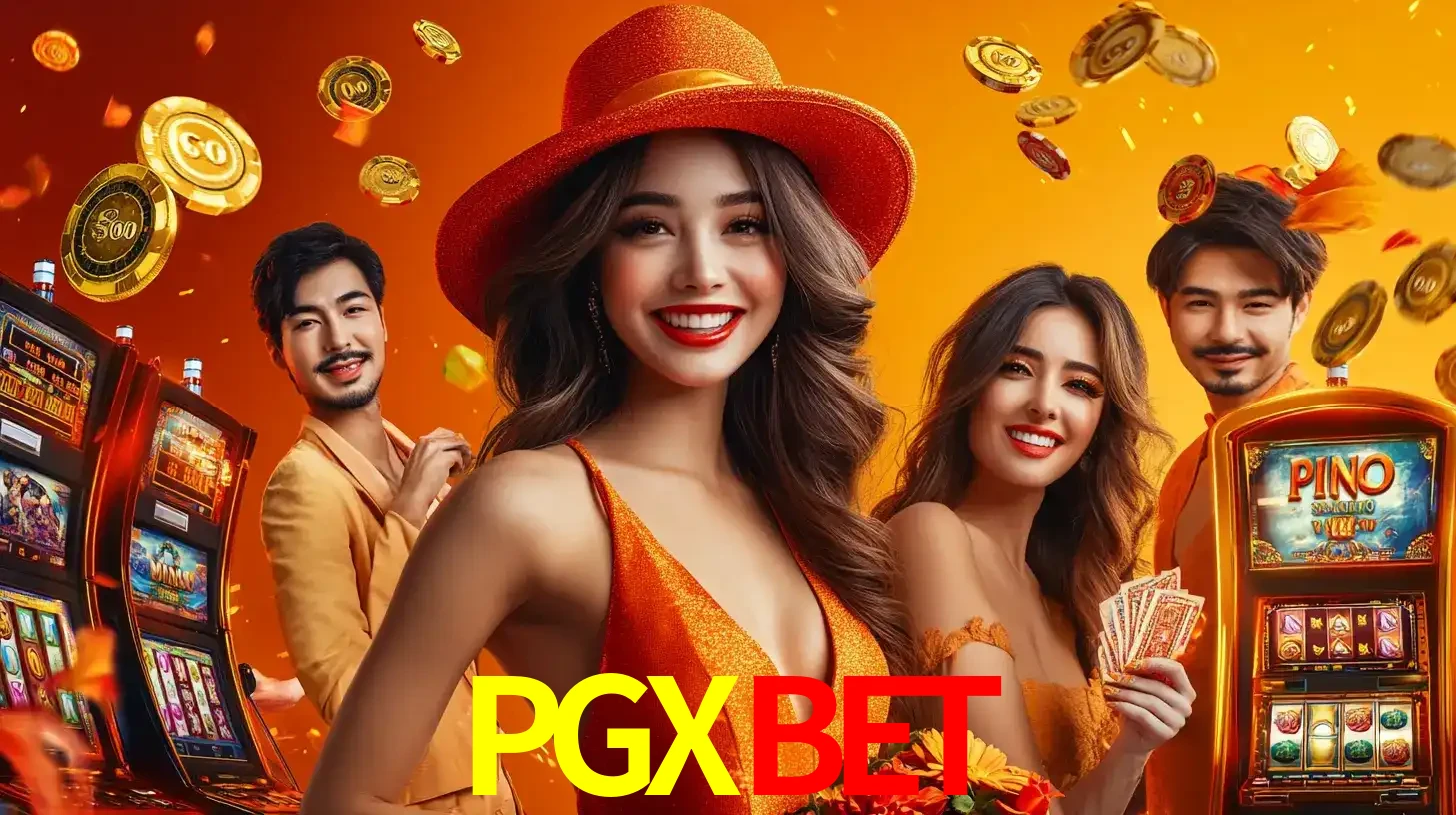 Grupo de amigos asiáticos sorrindo e se divertindo com máquinas de caça-níqueis em um ambiente festivo, celebrando suas vitórias nos jogos de cassino do PGXBET.