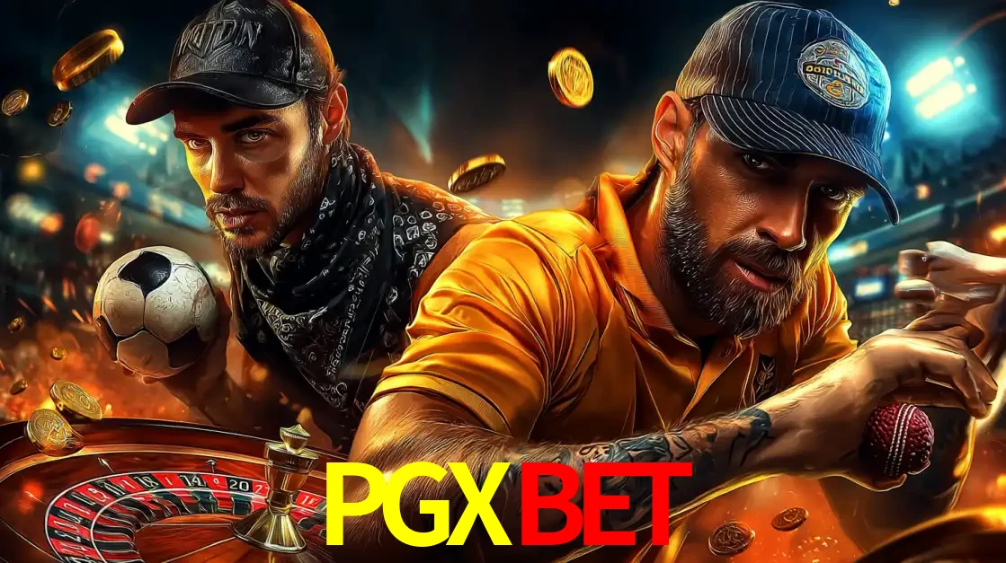 Montagem de apostas esportivas e cassino no PGXBET, com um homem segurando uma bola de futebol e outro uma de beisebol sobre uma roleta e moedas voadoras.