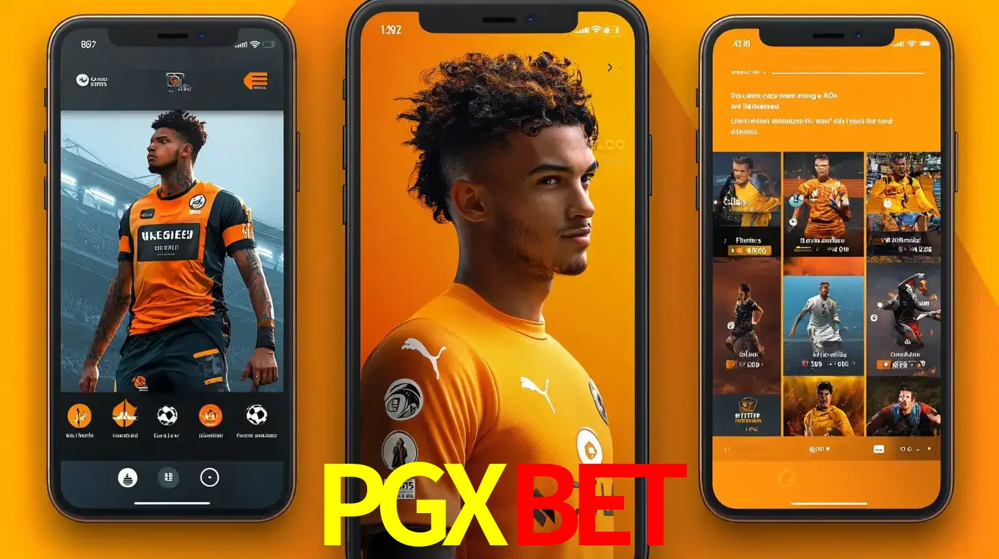 Interface do aplicativo de apostas esportivas PGXBET em três telas de celular, mostrando o perfil de um jogador de futebol e a lista de jogos disponíveis para apostar.