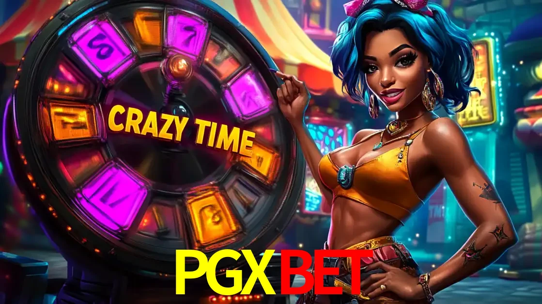 Mulher estilizada com cabelo azul e visual vibrante posando ao lado da roda de prêmios do game show Crazy Time, convidando para a diversão e os bônus do cassino PGXBET.