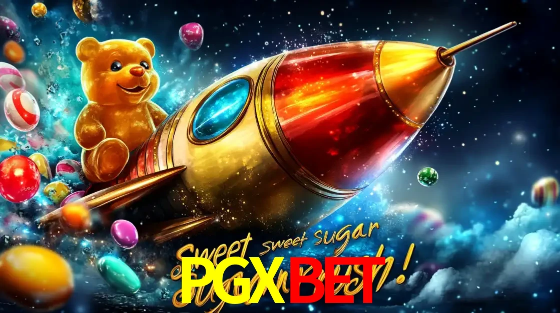 Arte promocional do jogo de slot Sugar Rush, com um urso de pelúcia em um foguete viajando pelo espaço de doces, um dos jogos divertidos disponíveis no cassino PGXBET.