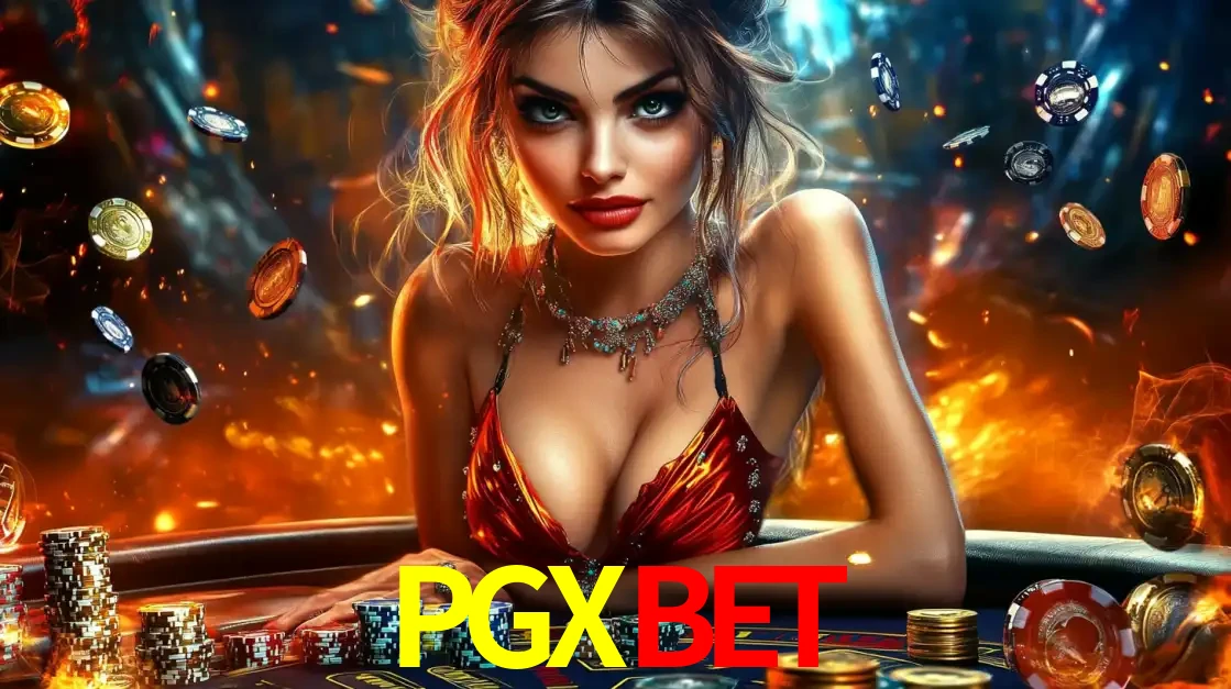 Mulher em uma mesa de cassino com pilhas de fichas e um fundo de fogo, pronta para uma rodada de altas apostas nos jogos de mesa emocionantes do cassino PGXBET.