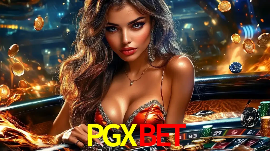 Mulher glamourosa em uma mesa de roleta com um fundo de chamas e moedas voadoras, pronta para fazer sua aposta e ganhar grandes prêmios no cassino ao vivo PGXBET.