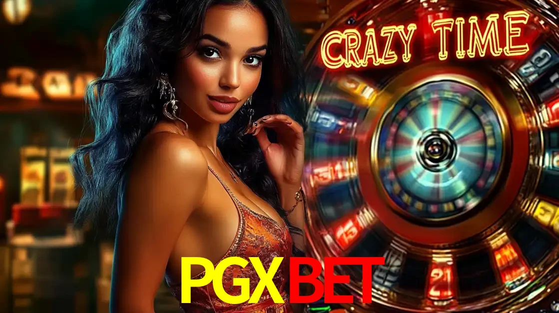 Mulher elegante ao lado da vibrante roda da fortuna do jogo de cassino ao vivo Crazy Time, um dos game shows mais populares e cheios de prêmios do PGXBET.