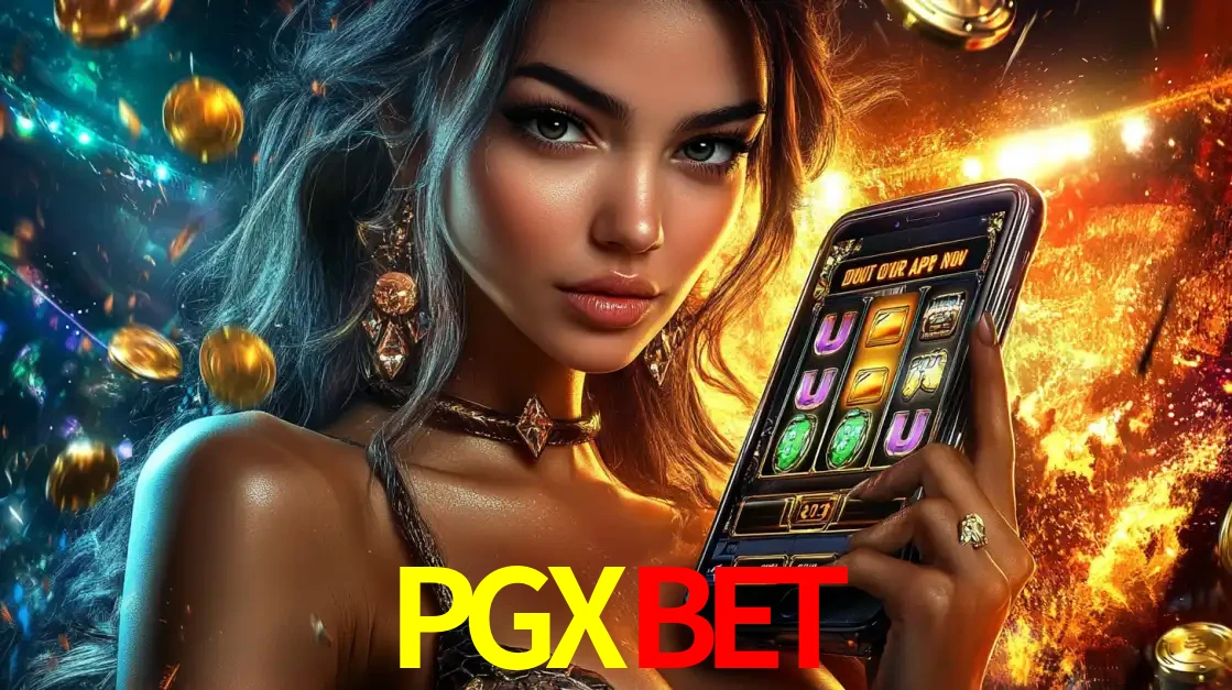 Mulher elegante mostrando um jogo de caça-níqueis em seu smartphone, destacando a experiência de cassino móvel oferecida pelo aplicativo PGXBET.