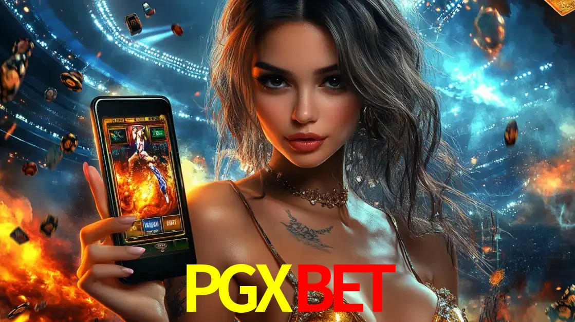 Mulher segurando um celular com um jogo de slot em destaque, tendo como fundo um estádio vibrante, simbolizando a emoção de jogar no cassino móvel PGXBET.