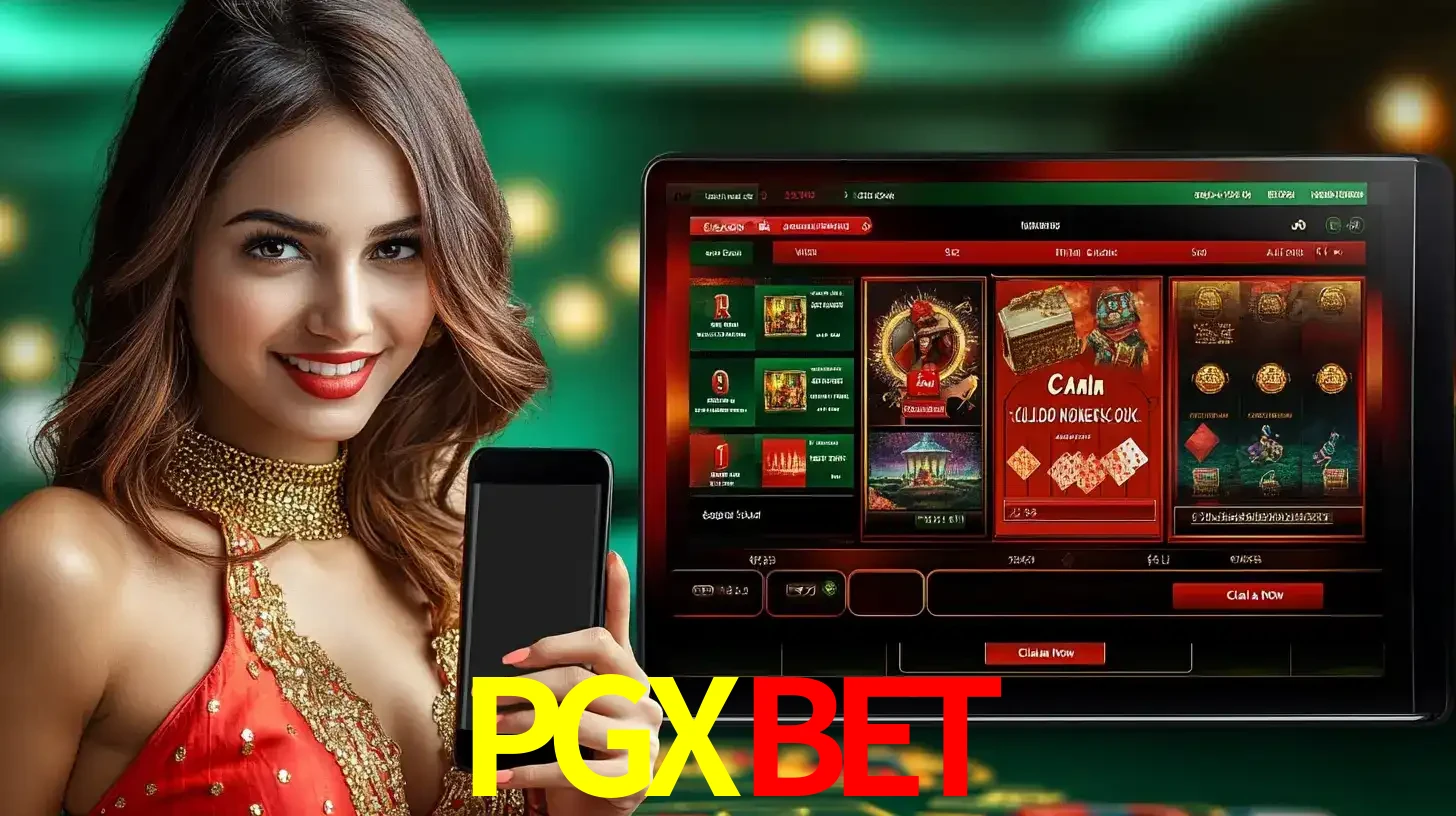 Mulher sorridente segurando um smartphone, ao lado de uma tela exibindo o lobby de jogos do cassino online PGXBET, com várias opções de jogos de cartas e slots.